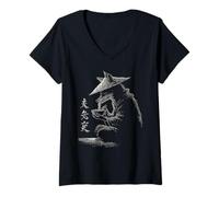 Femme Grunge Fox mangeant des nouilles ramen japonais Anime Silhouette T-Shirt avec Col en V