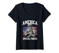 Femme Grunge US Flag Army Skeleton Military Special Forces T-Shirt avec Col en V