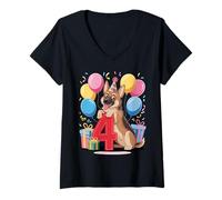 Femme GSD Chien 4ème Anniversaire Garçon Fille 4 ans 4 ans Berger Allemand T-Shirt avec Col en V