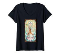 Femme Guanyin Vitrail Bouddhiste déesse Chinoise T-Shirt avec Col en V