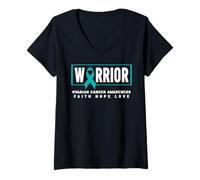 Femme Guerrier Contre Le Cancer de l'ovaire, Ruban Sarcelle de Sensibilisation au Cancer de l'ovaire T-Shirt avec Col en V
