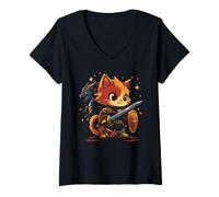 Femme Guerrier Félin Mignon avec Son Acolyte Dragon T-Shirt avec Col en V