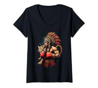 Femme Guerrier Inca Boxe Mexicain avec Jaguar Spirit T-Shirt avec Col en V