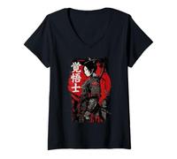 Femme Guerrier samouraï - Motif inspiré du Manga Dark Japan T-Shirt avec Col en V