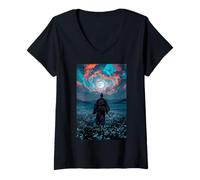 Femme Guerrier samouraï surplombant Le crépuscule Tranquille du Champ au Clair de Lune T-Shirt avec Col en V