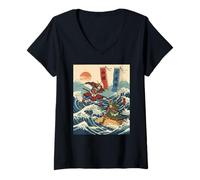 Femme Guerriers samouraïs dans la Bataille Ukiyo-e Style Japonais Vague T-Shirt avec Col en V