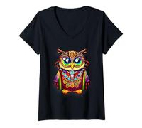 Femme Guide Spirituel du Festival psychédélique Ouvert au troisième œil avec Hibou Arc-en-Ciel T-Shirt avec Col en V