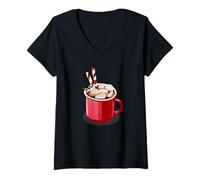 Femme Guimauves au Chocolat Chaud de Noël Saison des Vacances d'hiver T-Shirt avec Col en V