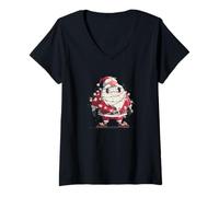 Femme Guirlande Lumineuse Festive avec Costume de Père Noël Amusant T-Shirt avec Col en V