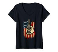 Femme Guitare Acoustique Drapeau américain Musique Patriotique T-Shirt avec Col en V