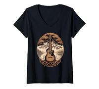 Femme Guitare Acoustique Fusion Arbre Lac Forêt Musique Nature T-Shirt avec Col en V