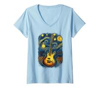 Femme Guitare Électrique Design Starry Night - Cadeau Guitariste T-Shirt avec Col en V