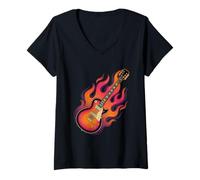 Femme Guitare électrique flamboyante Rock Music Guitarist T-Shirt avec Col en V