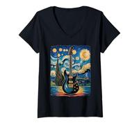 Femme Guitare électrique Nuit étoilée - La musique rock rencontre Van Gogh T-Shirt avec Col en V