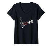 Femme Guitare et note de musique LOVE T-Shirt avec Col en V