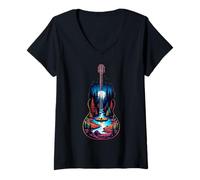 Femme Guitare Lake Reflections Forest Pine Tree Moon Camp Guitarist T-Shirt avec Col en V