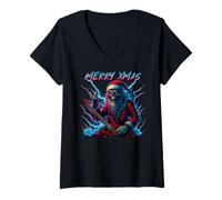 Femme Guitare Rock en métal avec Inscription « Hail Santa Pagan Happy Solstice Christmas » T-Shirt avec Col en V