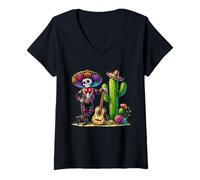 Femme Guitare squelette Cinco De Mayo Mariachi Fiesta Cactus Homme T-Shirt avec Col en V