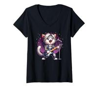 Femme Guitariste Chat 80s Hair Glam Heavy Metal Rock Musicien T-Shirt avec Col en V