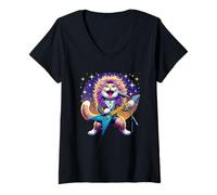 Femme Guitariste Chat 80s Hair Glam Heavy Metal Rock Musicien T-Shirt avec Col en V