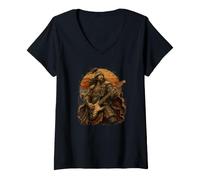 Femme Guitariste de Gengis Khan, Fan d'histoire drôle, Guitare mongole T-Shirt avec Col en V