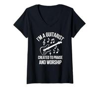 Femme Guitariste Louange et Culte Musicien Chrétien T-Shirt avec Col en V