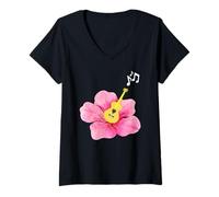 Femme Guitaristes musiciens notes de chanson amoureux des fleurs d'hibiscus T-Shirt avec Col en V