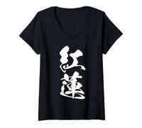 Femme GUREN 紅蓮 - Calligraphie Japonaise, Flamme Cramoisie T-Shirt avec Col en V