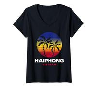 Femme Haiphong Palmier Vietnam rétro Style années 80 T-Shirt avec Col en V