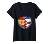 Femme Half Spanish Cuban Roots Spain Cuba T-Shirt avec Col en V
