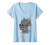 Femme Hallo Moin Tach Servus Salutations Allemagne Dialecte T-Shirt avec Col en V