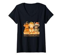 Femme Hallothanksmas Highland Cow Trio Halloween Thanksgiving T-Shirt avec Col en V