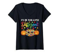 Femme Halloween Autism Pumpkin It's OK to Be a Little Different T-Shirt avec Col en V