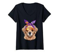 Femme Halloween Bandana Golden Retriever GR Dog Goldie T-Shirt avec Col en V