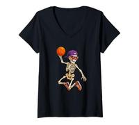 Femme Halloween Basketball Skeleton Teens Spooky Basketball Player T-Shirt avec Col en V
