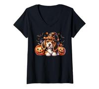 Femme Halloween Beagle in Witch Hat with Jack O Lantern and Bats T-Shirt avec Col en V