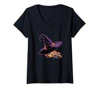 Femme Halloween Bonbons Chapeau De Sorcière Farce Ou Friandise T-Shirt avec Col en V