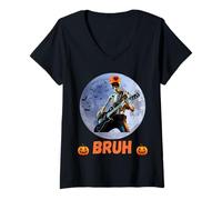 Femme Halloween Bruh Squelette Rocking Out Under The Full Moon T-Shirt avec Col en V
