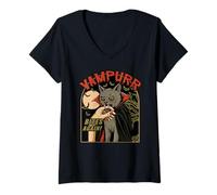 Femme Halloween Cat Vampire Vampurr Bites Again Vintage Horror T-Shirt avec Col en V