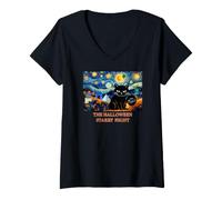 Femme Halloween Chat Noir étoilé Paris Night Art T-Shirt avec Col en V