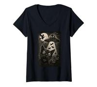 Femme Halloween Chat Selfie Effrayant Enlèvement Alien Chats UFO Flying T-Shirt avec Col en V