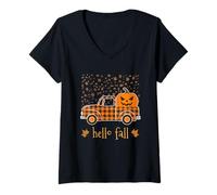 Femme Halloween Citrouille Buffalo Plaid Camion Bonjour Arbre Feuilles d'automne T-Shirt avec Col en V