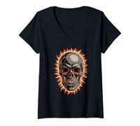 Femme Halloween Crâne Flamboiement Soleil Saison Effrayante T-Shirt avec Col en V
