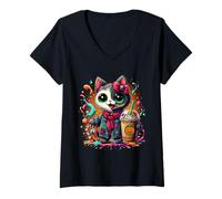 Femme Halloween Creepy Zombie Cat Drinking Ice Coffee Costume Girl T-Shirt avec Col en V