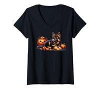 Femme Halloween German Shepherd Pumpkin Graphic for Dog Lover T-Shirt avec Col en V