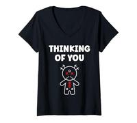Femme Halloween Horror Funny Quote Thinking of You Voodoo Doll T-Shirt avec Col en V