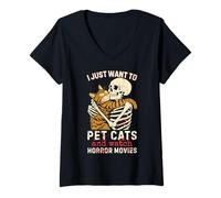 Femme Halloween I Just Want to Pet Cats and Watch Horror Movies T-Shirt avec Col en V