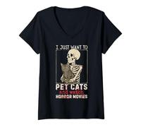 Femme Halloween I Just Want to Pet Cats and Watch Horror Movies T-Shirt avec Col en V