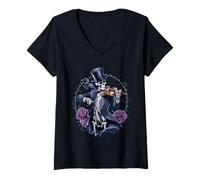 Femme Halloween Macabre Moonlight Sonate Squelette Violon Corbeau Rose T-Shirt avec Col en V