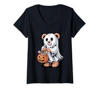 Femme Halloween Ours Fantôme Citrouille Farce Ou Friandise Bonbons T-Shirt avec Col en V
